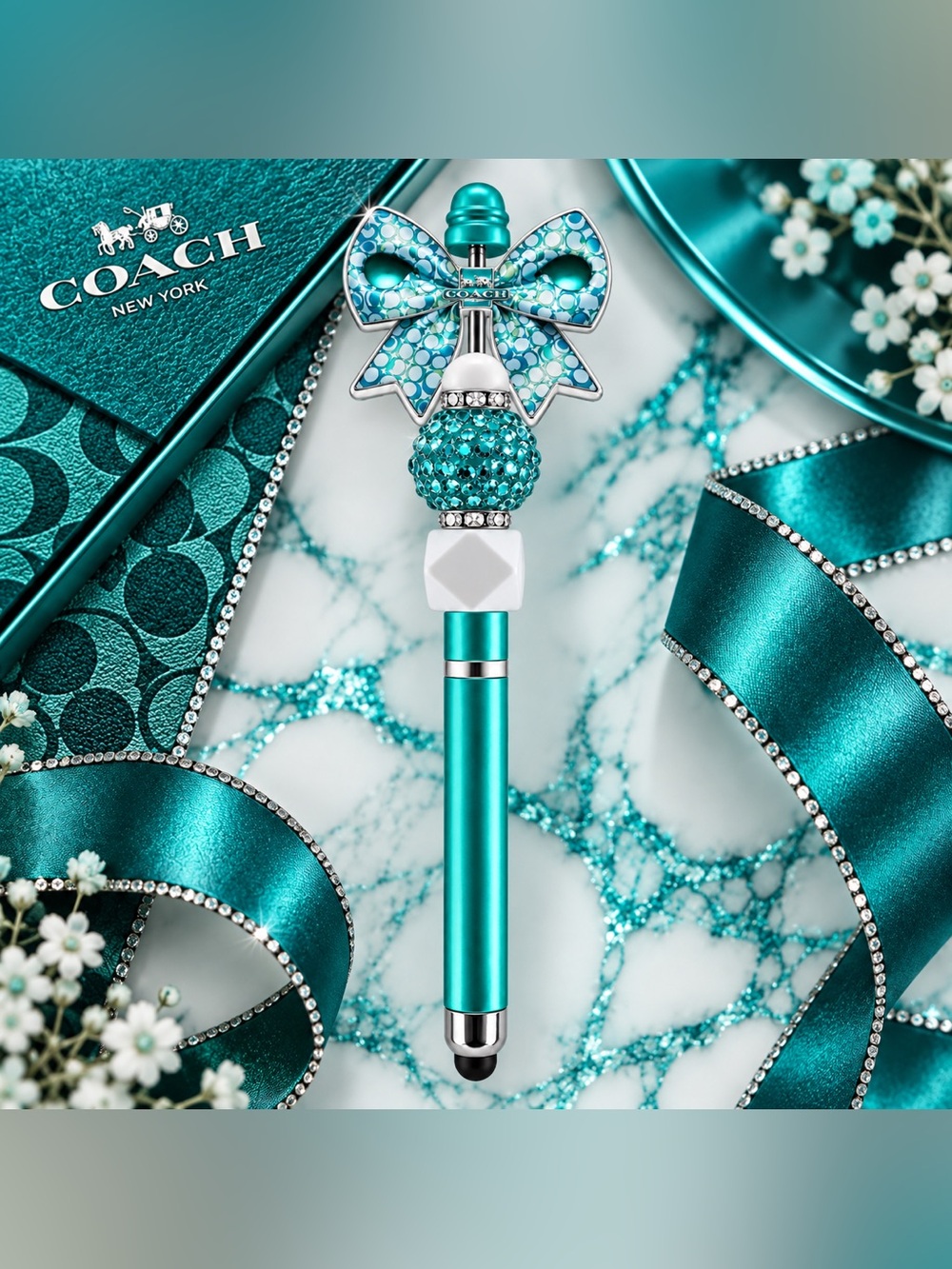 Fashion C💙💚ch Turquoise/Teal Acrylic Bow Stylus & Pen